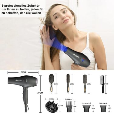 Фен Basuwell Ionen Pro 2100W: Професійний фен для салону краси з іонізацією, 3 режими нагріву, 2 швидкості, насадка-дифузор, AC-двигун, чорний