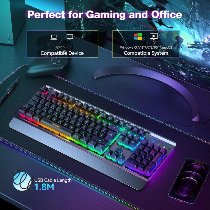 Клавіатура ігрова TECKNET RGB для ПК, 105 клавіш, повнорозмірна, з підсвічуванням, підставка для зап'ястя, QWERTY (ES)