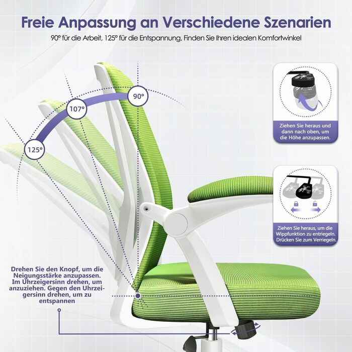 Ергономічне крісло для офісу з регульованою поперековою підтримкою, відкидними підлокітниками, поворотним механізмом і регулюванням висоти, зелене