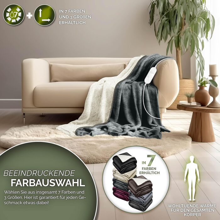 Електрична ковдра Sinnlein® з автовимкненням 160x120 см | 9 температурних режимів | Ковдра для ліжка, дивана | з таймером та цифровим дисплеєм (160x120 см, темно-сіра)