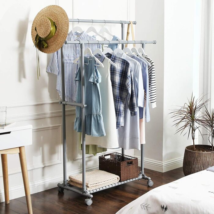 SONGMICS Clothes Rack with Double Rod, Clothes Stand, Mobile, Extendable between 87 and 150 cm, with Wheels and Storage Shelf, Load Capacity 70 kg, for Coats, Scarves, Grey, LLR13GY