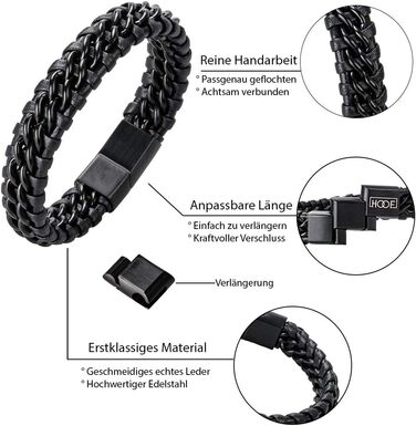 Чоловічий браслет з екошкіри та нержавіючої сталі, плетіння, стилі Рокер, Байкер, Вікінг, Готика, Панк. Чорний, 24 см.