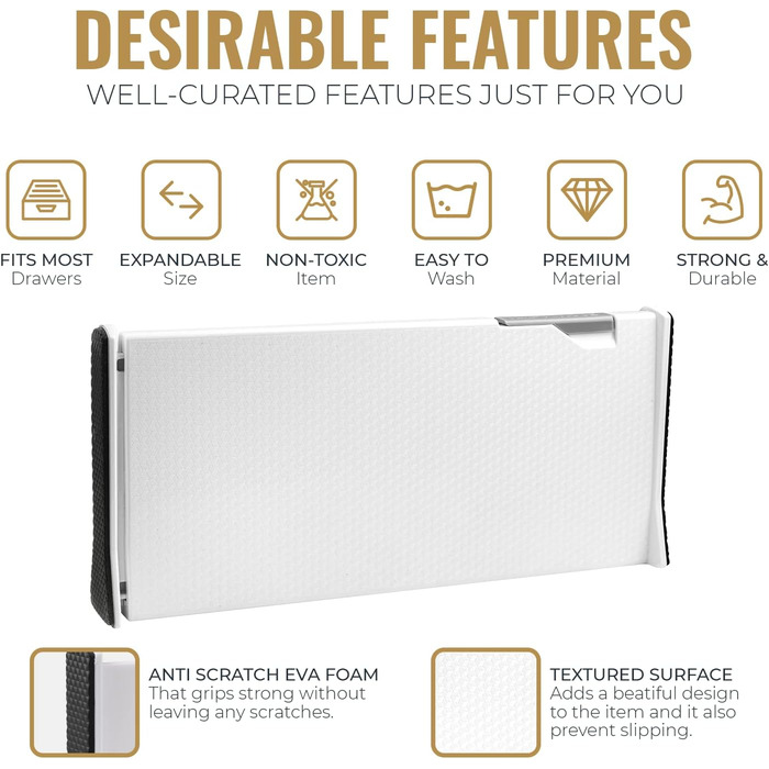 RAPTUROUS Adjustable Deep Drawer Dividers – 6 inches high, expandable 13–22 inches, 8 Pack, Non-Slip Drawer Dividers for Clothes, Dresser, Kitchen, and Office (white)