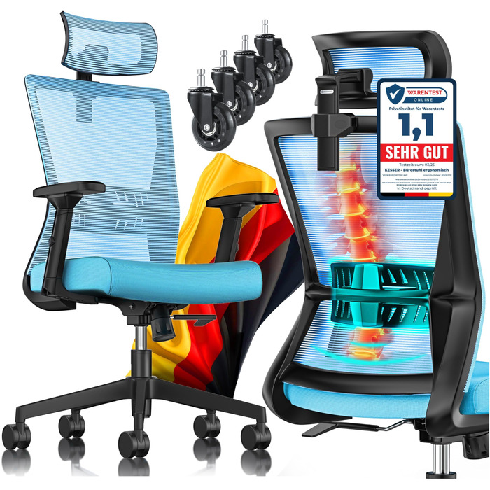 Офісне крісло KESSER® ергономічне з регульованими підлокітниками, підтримкою попереку та підголівником | Крісло для офісу з функцією гойдання до 125° та 5 колесами | Синій/Чорний