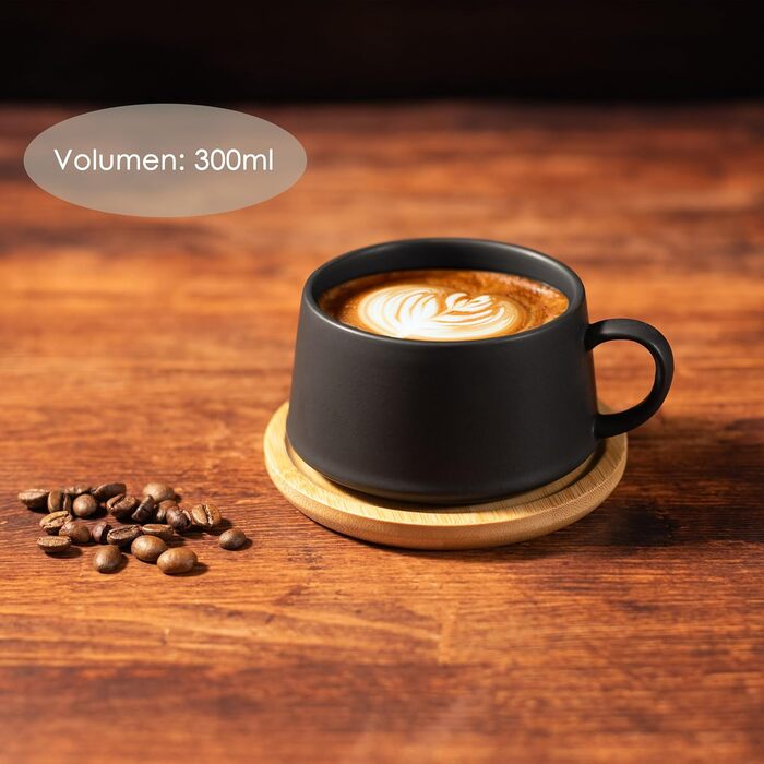 Набір кавових чашок 6 шт. об'ємом 360 мл, кераміка преміум-якості, велика ручка, для кави та чаю, чорний колір з підставками, 4 шт.
