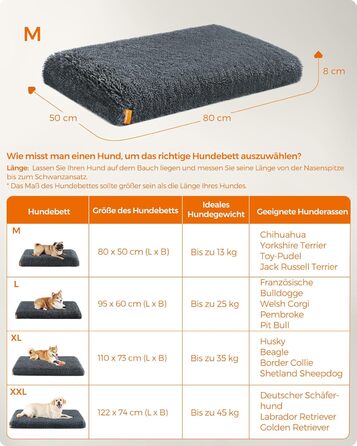 Feandrea Dog Bed, Orthopedic Dog Cushion, Padded with Bubble Foam, Removable and Washable Cover, Size M, for Small and Medium Dogs, 80 x 50 x 8 cm, Dark Grey PGW211G02