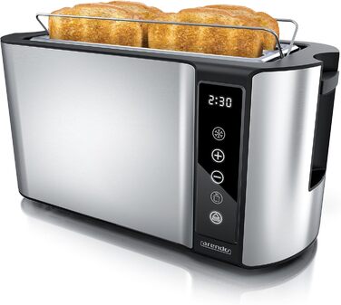 Arendo - Stainless Steel 4-Slice Long Slot Toaster - Touchscreen – Double-Walled Housing – 1500 W – Integrated Bagel Attachment – 7 Browning Levels – Bread Centering – Remaining Time Display – Memory Function C: Steelsilver