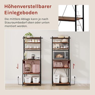 Кухонна полиця WOLTU з 6 ярусами та розетками, мікрохвильова полиця з 6 гачками, полиця пекаря з металевим каркасом, регульовані полиці, Чорний+Рустикальне коричневий, 60 x 167 x 40 см, Чорний+Вінтажний коричневий 60 x 39,5 x 167 см