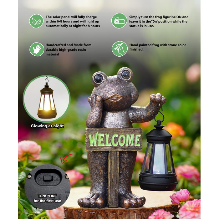 Goodeco Solar Garden Frog Decoration Stand with Welcome Sign - Outdoor Decoration for Terrace, Balcony, Yard, Lawn - Unique Housewarming Gift for Grandma and Grandpa, Gardening Enthusiast, Copper