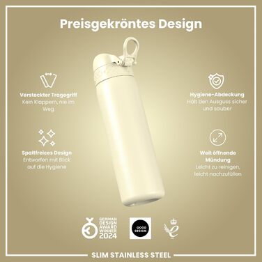 Ion8 Stainless Steel Drinking Bottle, 600 ml, Leak-Proof, One-Hand Operation, Secure Locking Mechanism, Dishwasher Safe, Flip-Top Lid, Carrying Handle, Easy to Clean, Durable & Scratch-Resistant (Stainless Steel, Creamy White)