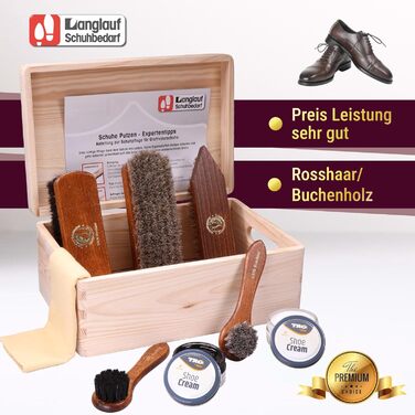 Shoe Shining Set Leather 9-Piece Shoe Shining Box Milano I Horsehair Shoe Brush - Container Brush and extra soft horsehair brush for polishing I Shoe Brush Set with horsehair, shoe care set made in Germany