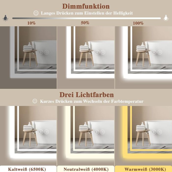 Дзеркало для ванної кімнати з підсвічуванням LED, антизапар, сенсорне управління, регулювання яскравості, 3 кольори світла, овальне, 50x70 см (Bluetooth, антизапар, 100L x 70B см)