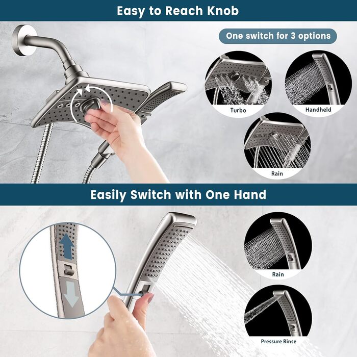 BRIGHT SHOWERS Dual Shower Head Combo Set, Handheld Shower Head, Rainfall Shower Head, Combo with Black Face, 152.4 cm (60 inch) Stainless Steel Shower Hose, (2.5 Gallon Per Minute, Brushed Nickel)