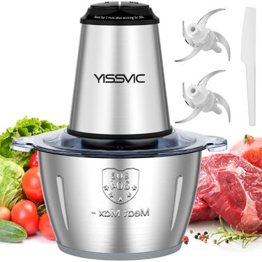 Електричний подрібнювач YISSVIC для кухні 500W, 2л, нержавіюча сталь, 8 лез, 2 швидкості для овочів, фруктів, м'яса