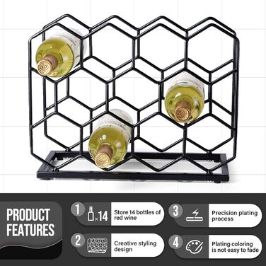 Drincarier Countertop Wine Rack, 14 Bottles, Freestanding, Modern Gold Metal, Pantry, Wine Bottle Storage (Bottles) (Black)
