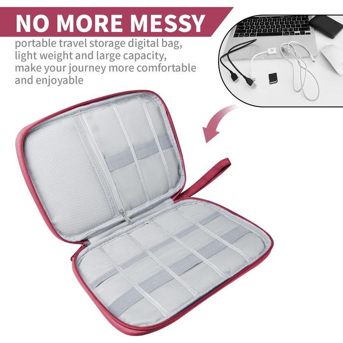 Органайзер для кабелів та аксесуарів для подорожей: кейс для кабелів, зарядних пристроїв, SD-карт та іншої електроніки (A-wine, червоний)