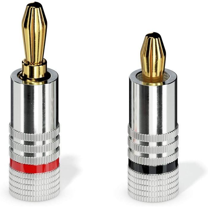 Бананові конектори Sonero® для акустичних кабелів до 6 мм², 4 шт. з кольоровим кодуванням (12x червоний, 12x чорний), 24K позолота (8 шт., High-End, Single)