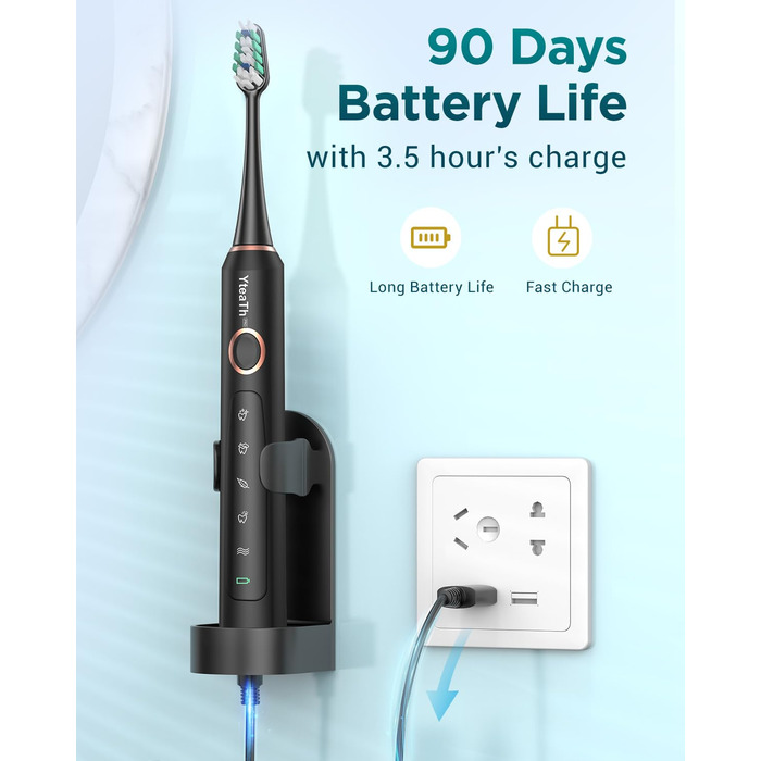 Електрична звукова зубна щітка для дорослих з 8 насадками та кейсом для подорожей, 5 режимів, водонепроникна IPX7, до 90 днів роботи від акумулятора, чорна (1 шт)