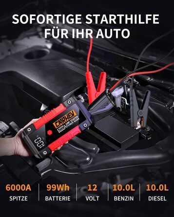 Портативний пусковий блок StarThilfe Powerbank для автомобіля, 6000A, 12V, для бензинових та дизельних двигунів до 10L, з LED ліхтариком