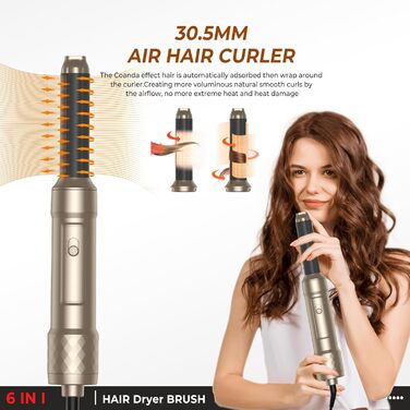 Набір Airstyler Warmluftbürste 6 в 1: фен, круглі щітки, браш, локони, випрямляч, золото