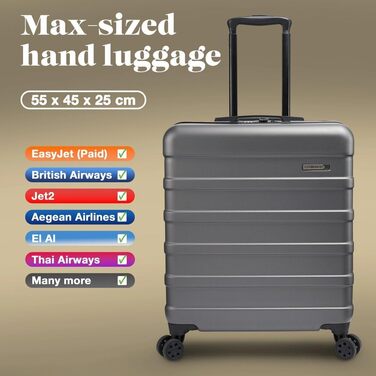 Чемодан ручної поклажі Cabin Max Anode 56x45x25cm - Легкий, з жорстким корпусом, 4 колеса, кодовий замок, чорний (56L)