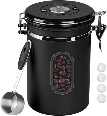 Контейнер для кави Rocky & Chao 1.8L з нержавіючої сталі, герметичний, для кавових зерен, чаю, горіхів, какао (Чорний)