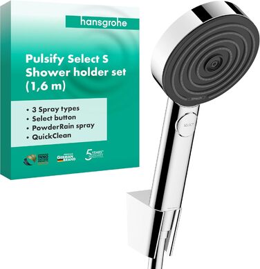 Hansgrohe Pulsify Select S Shower Set, showerhead with hose and holder, handheld shower with 3 spray patterns (Relaxation), (Chrome)