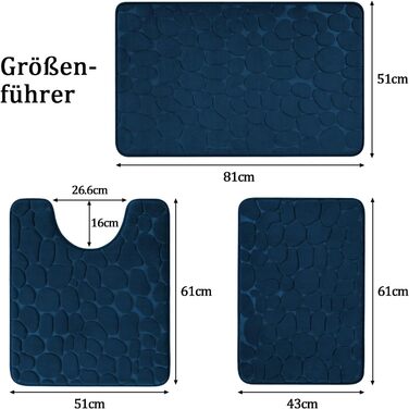 Набір килимків для ванної кімнати chakme з ефектом пам'яті (Memory Foam), протиковзкі абсорбуючі килими для підлоги, туалету та ванни, темно-сині, 3 шт.