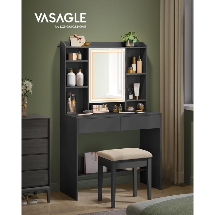 VASAGLE туалетний столик з LED підсвіткою, 3 режими, дзеркало з регулюванням яскравості, 2 шухляди, сучасний білий, регульовані полиці