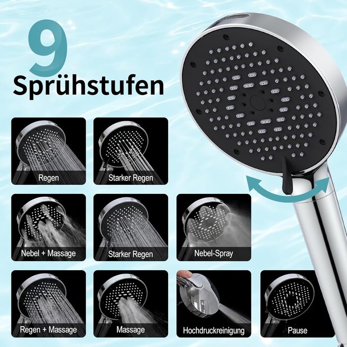 Літній душ SR SUN RISE NSF-Zertifizierung з фільтром та шлангом, 9 режимів, сріблястий металік - для жорсткої води, видаляє хлор, важкі метали та бактерії