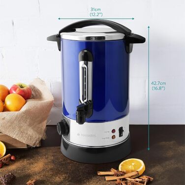 Navaris Mulled Wine Warmer/Hot Water Dispenser - Stainless Steel - with Thermostat, Level Indicator, and Tap - Mulled Wine/Hot Beverage Dispenser (6.8L, Blue)