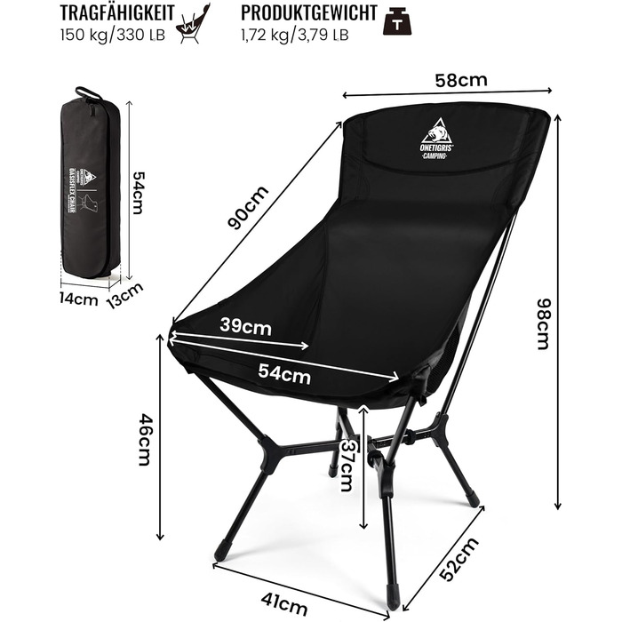 Кемпінговий стілець OneTigris OASISFLEX складний високий, вантажопідйомність 150 кг, чорний. Стілець для риболовлі, походу, відпочинку на природі з бічними кишенями