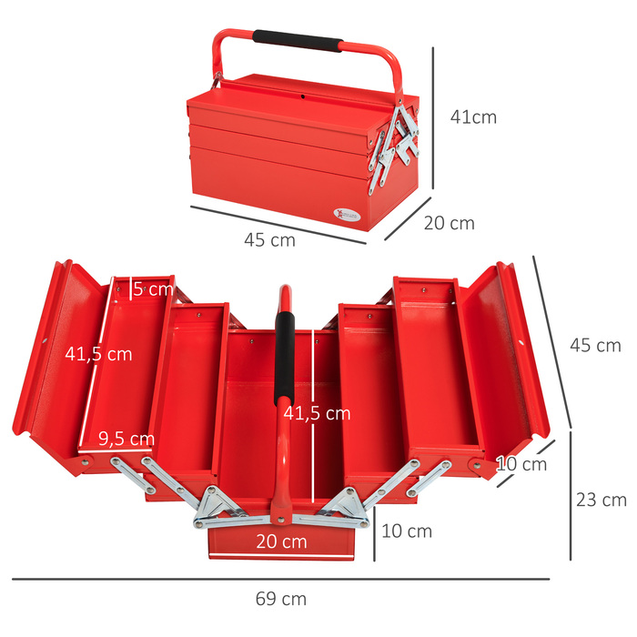 DURHAND Tool Case Space-Saving 5 Compartments Folding Stable Steel SPCC Red 45x22.5x34.5cm for Organization & Transport