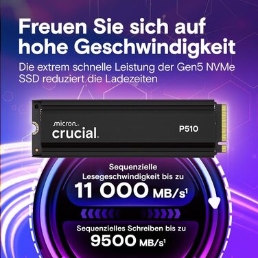 SSD Crucial P510 1TB M.2 NVMe PCIe 5.0 Gen5 з радіатором, 11000 МБ/с читання, 9500 МБ/с запис, для ПК та PS5, TLC NAND, внутрішній накопичувач