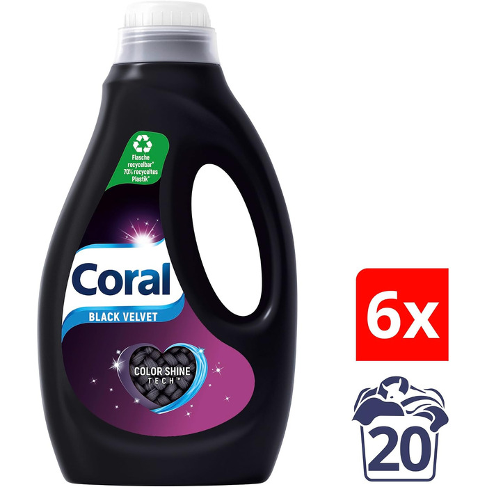 Рідкий засіб для прання чорної білизни Coral Black Velvet з Color Shine Tech та сироваткою для захисту волокон, 6 x 1 л (6 л)