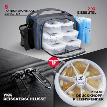 Ізотермічна ланч-бокс сумка з 6 контейнерами для їжі, BPA Free, для мікрохвильовки та морозилки, з шейкером, органайзером для пігулок, плечовим ременем і акумуляторами холоду, синя