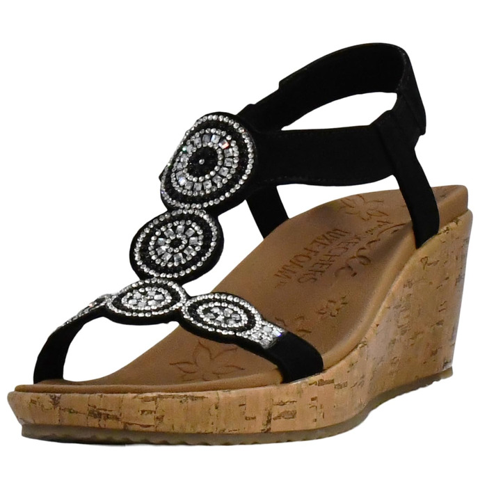 Босоніжки жіночі Skechers Beverlee Date Glam на танкетці, чорні (40 EU)