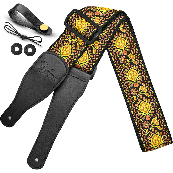 Гітарний ремінь Jacquard з бавовни з шкіряними кінцями для бас-гітари, акустичної та електрогітари, жовтий