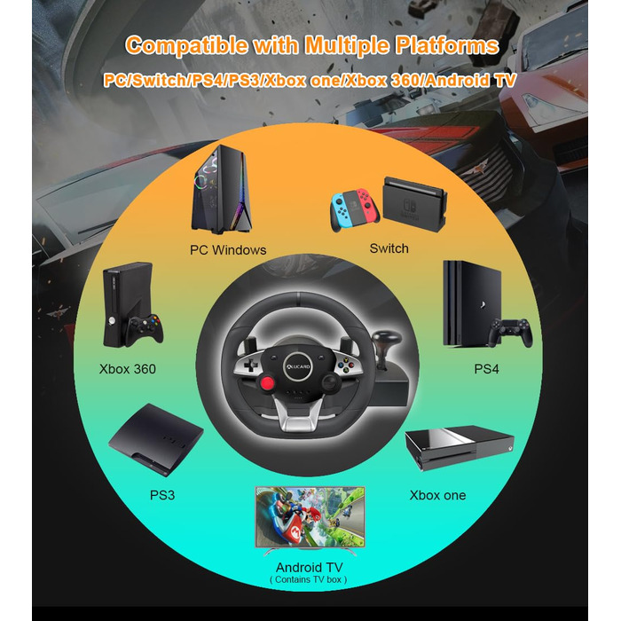Ігрове кермо DuLingKer з педалями та перемиканням передач, 270° для PC/PS4/Switch/PS3/Xbox One/Xbox 360/Android TV, кермо для перегонів з вібрацією, зворотним зв'язком