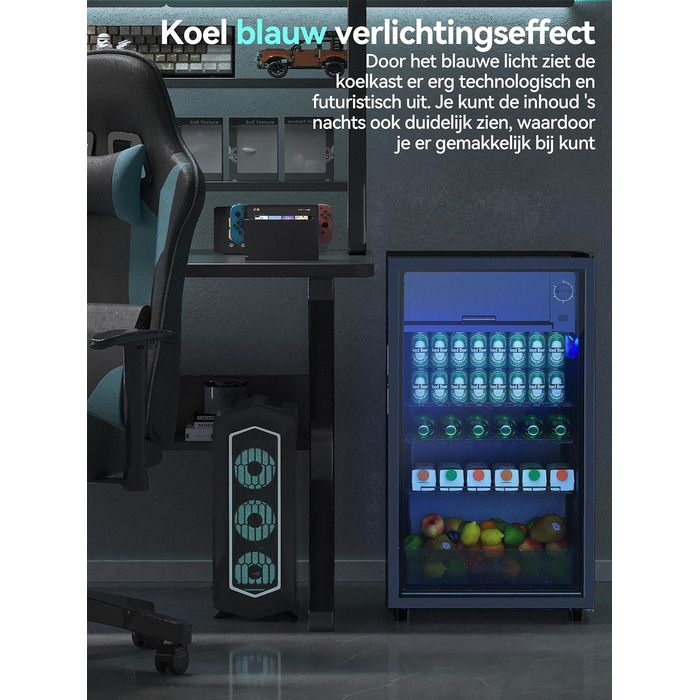 Холодильник для напоїв Devoko 93L з скляними дверцятами та LED-підсвіткою. Регульовані полиці для колі, пива та вина. Чорний колір, ідеально для дому та офісу.