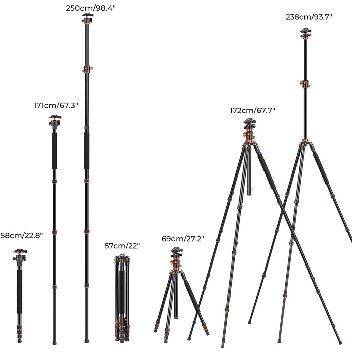 Штатив K&F Concept 238CM з подовженою центральною колоною, 360° панорамний штатив для камери, з сумкою та швидкознімною платформою, до 10 кг