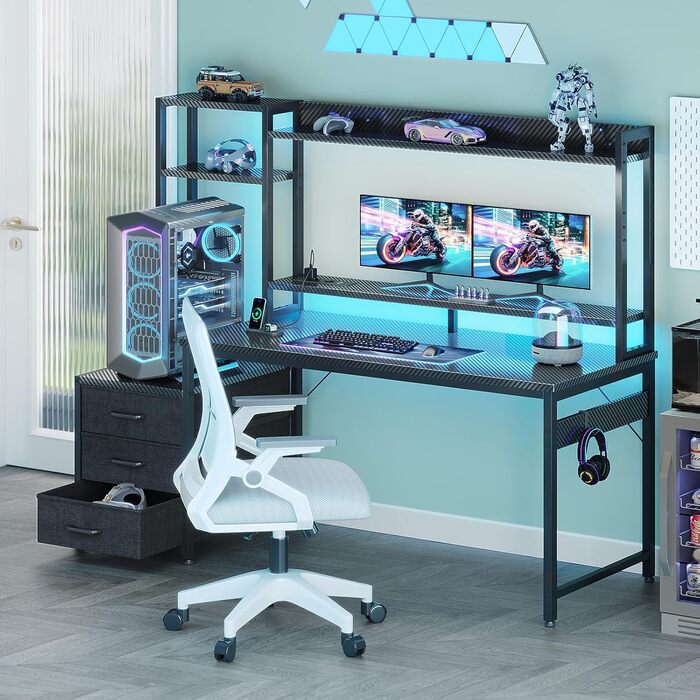 Ігровий стіл Coleshome з полицею та шухлядами, 137x48 см. Стіл для геймінгу з LED-підсвічуванням та розеткою, комп'ютерний стіл з полицями та підставкою для монітора, карбонове волокно, чорний колір