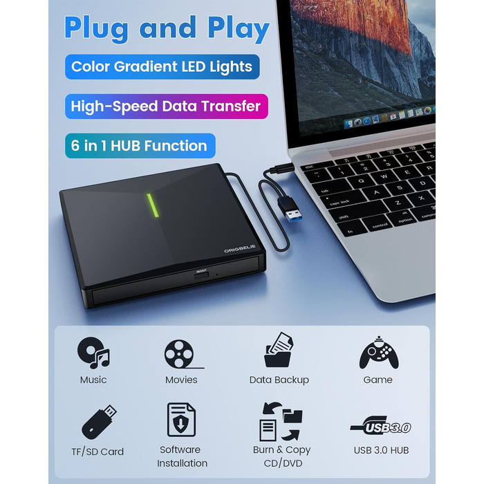 Зовнішній DVD/CD привід ORIGBELIE з 4 USB-портами та 2 слотами для TF/SD карт, USB 3.0, портативний для ноутбука, MacBook, PC (Windows, Linux, Mac OS)