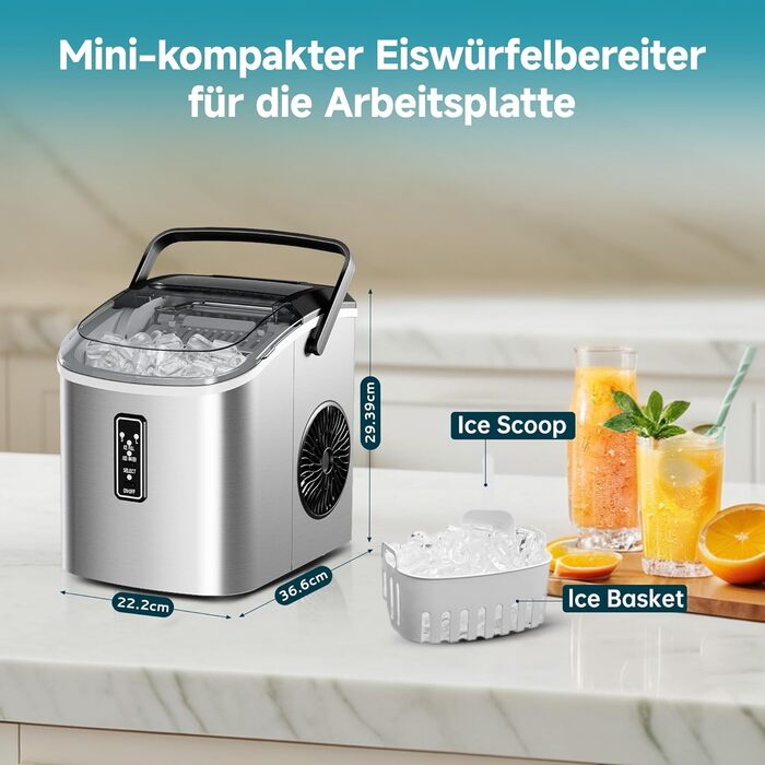 Машина для приготування льоду EUHOMY, 9 кубиків за 6 хвилин, 12 кг/день, самоочищення, портативна, з ручкою, кошиком та шуфлером, 2 розміри кубиків, чорна (срібна-1.2л)