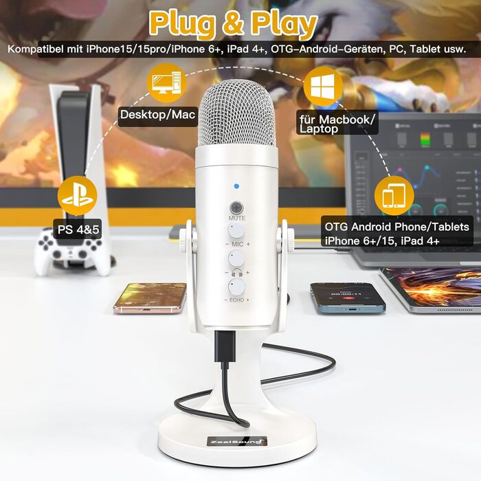 Zealsound USB мікрофон K66 Pearly White: для стрімінгу, геймінгу, YouTube, ASMR, вокалу. З шумозаглушенням, Mute, регулюванням Gain. Сумісний з PC, Mac, iPhone, Android, PS4/PS5