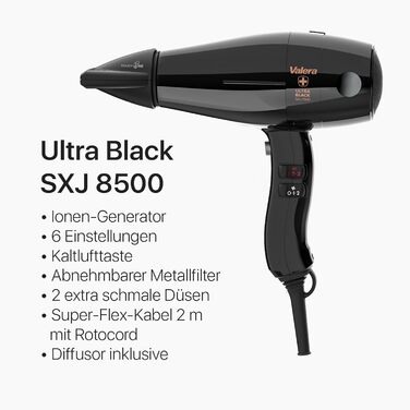 Професійний фен Valera Swiss Silent Jet 8500 Ultrablack: 2000W, 6 температур, іонізація, супер-зручний кабель