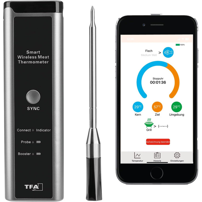 Беспроводний термометр для м'яса TFA Dostmann SMART BBQ 70 м, 14.1515.10 - для гриля/духовки/фритюрниці, миється, чорно-сірий