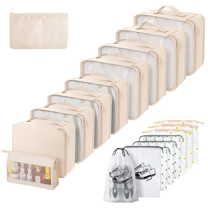 Набір органайзерів для валізи 18 шт., водонепроникні Packing Cubes, бежевий. Організатори для подорожей з чохлами для одягу