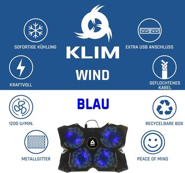 Охолоджувач для ноутбука KLIM Wind — підставка з 4 потужними вентиляторами для PC, Notebook та PS4, синій колір