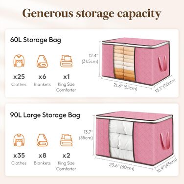 Коробки для зберігання Lifewit 90L (6 шт.) з кришкою, рожеві. Органайзери для одягу, постільної білизни, речей. Ідеально для переїзду та зберігання.